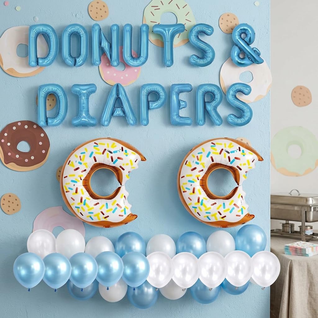 JeVenis Donuts Baby Shower Decorations Blue Backdrop Banner Letter Balloon