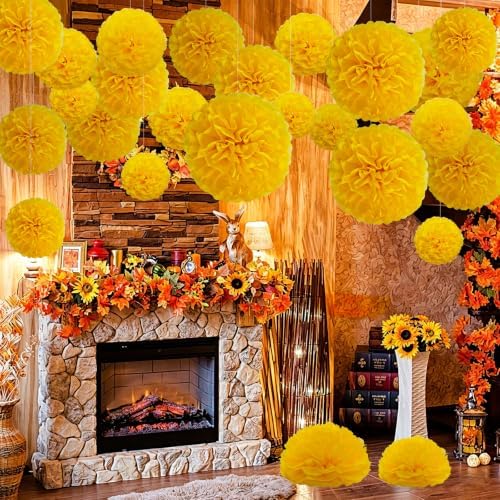 Recosis Yellow Party Decorations, 18 Pcs Paper Pom Poms Decorations