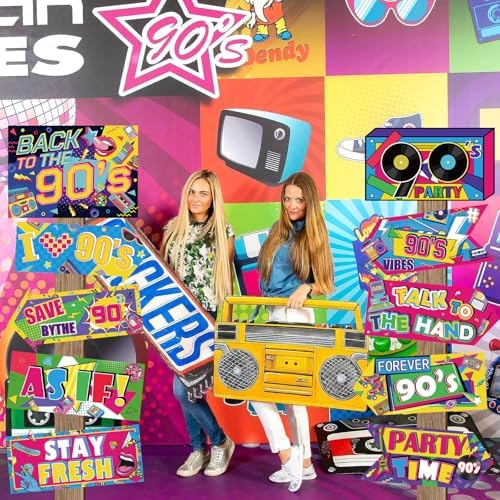 Hooqict 20 Pieces 90s Party Decorations Sign Retro Hip Hop Party Sign for Back to The 90s Adults Neon Throwback Birthday Party Supplies