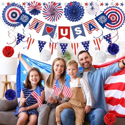 4th of July Patriotic Decorations Set Paper Fans Pom Poms Hanging Swirls USA & Pennant Banners Star Streamer Red White Blue Independence Memorial Day Veterans Day Party Decor Supplies