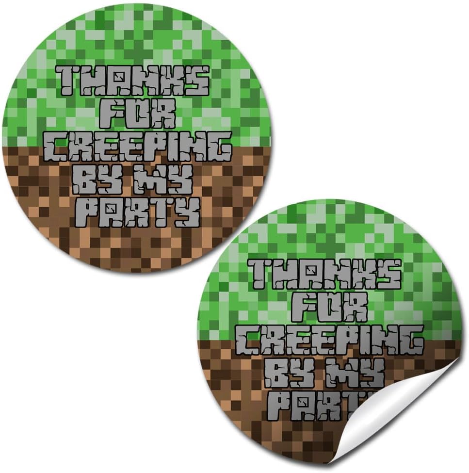 Thank You Stickers for Party Favors, 40 Pack 2 Inch Creepy Pixel Miner Birthday Labels for Boys and Girls, Goodie Bag Seals Made in the USA by Amanda Creation