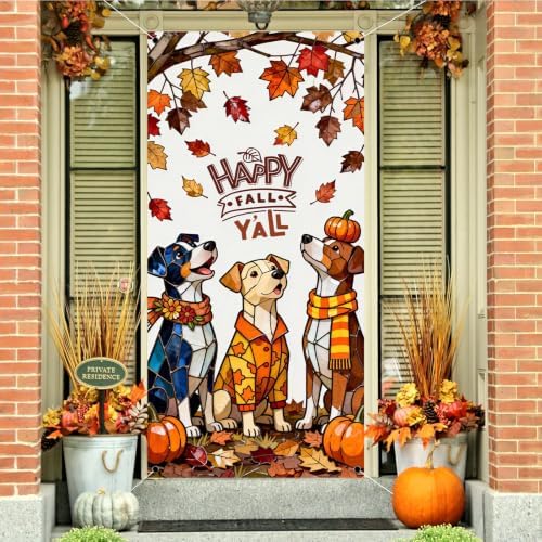 Fall Door Cover,Maple Leaves Dogs Thanksgiving Banner Fall Decor