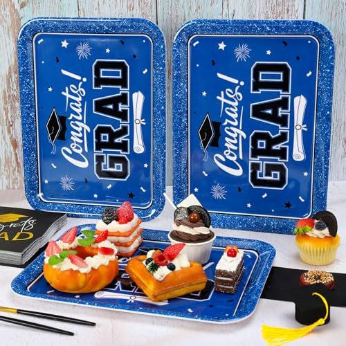 JarThenaAMCS 3Pcs Graduation Serving Trays Reusable Melamine Platter Blue Congrats 2026 Grad Diploma Bachelor's Hat Serving Dishes for Graduate Party Sharing Snacks Fruits Dessert