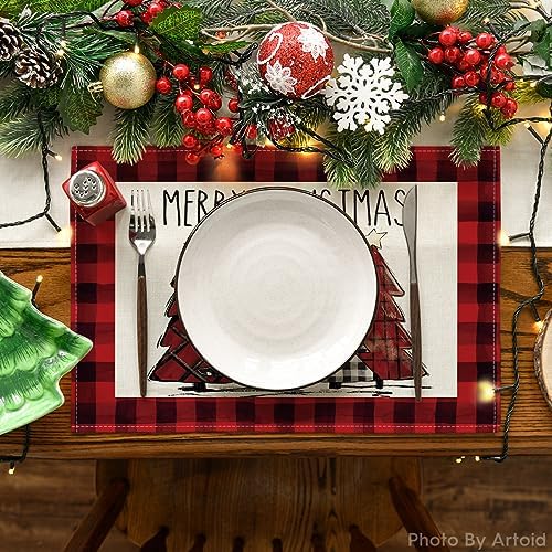 Artoid Mode Red and Black Buffalo Plaid Christmas Trees Placemats Set of 12, 12x18 Inch Winter Table Mats for Outdoor Home Party Kitchen Dining Decor