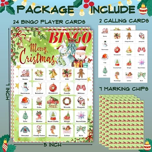 24-Person Christmas Bingo Cards, Watercolor Snowman Xmas Party Card Game, Green Santa Claus Bingo Game for Family Large Group Activities, Winter Holiday Party Supplies