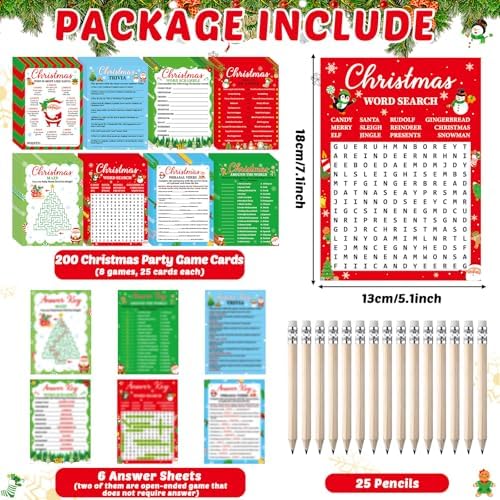 gisgfim 231Pcs Christmas Party Games Cards Xmas Tree Santa Claus Trivia Word Search Scramble Maze Games Winter Christmas Party Supplies for School Classroom Family Activity Holiday Favor