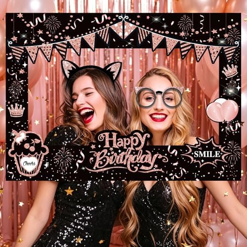 38 Pcs Birthday Photo Booth Props Kit with Frame, Happy Birthday Party Favors Supplies Bday Party Decorations Set for Girls Women Really Glitter Selfie Paper Party Supplies (Rose Gold)