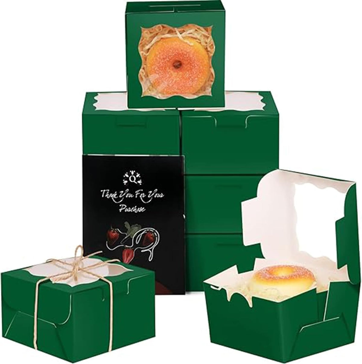 qiqee Deep Green Bakery Boxes with Window 55pcs 4x4x2.5 Mini Cookie Boxes Macaron Boxes Small Donut Pastry Boxes for Party