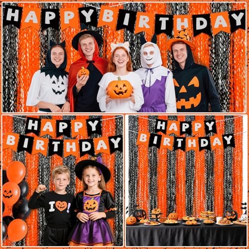 3 Pack Halloween Backdrop, Halloween Photo Backdrop Party Supplies with Happy Birthday Banner, Orange Black Foil Fringe Curtains Set for Birthday Halloween Party Decoration