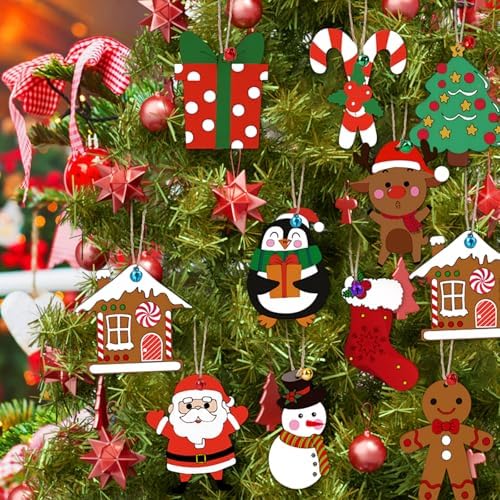 DECYOOL 50Pcs Christmas Wooden Ornaments Predrilled Unfinished DIY Crafts