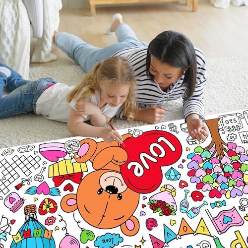 Giant Valentine's Day Coloring Tablecloth, Large Happy Valentine Coloring Poster for Home Birthday Party Supplies, 30x72 Inches