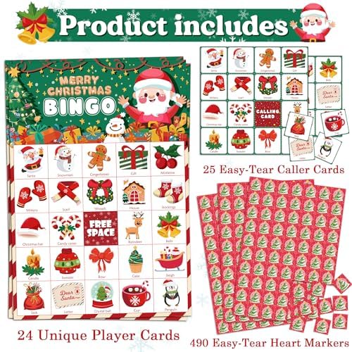 OHOME Christmas Games | Xmas Bingo for Kids - 24 Players Christmas Crafts Activities Party Favors Supplies for Families - Xmas Gifts Bulk for Boys Girls Grandkids | Stocking Stuffers for Kids Toddler
