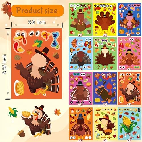 Large Size Thanksgiving Make-A-Turkey Stickers,DIY Thanksgiving Crafts,Turkey Crafts,Turkey Games for Family,Party Decorations Gifts Activities
