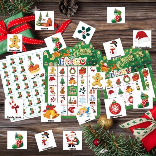 Christmas Bingo Game 24Players - Card for Kids Christmas Party Favor Family Activities Party Card Games School Classroom Games Turkey Party Favors Supplies (Green)