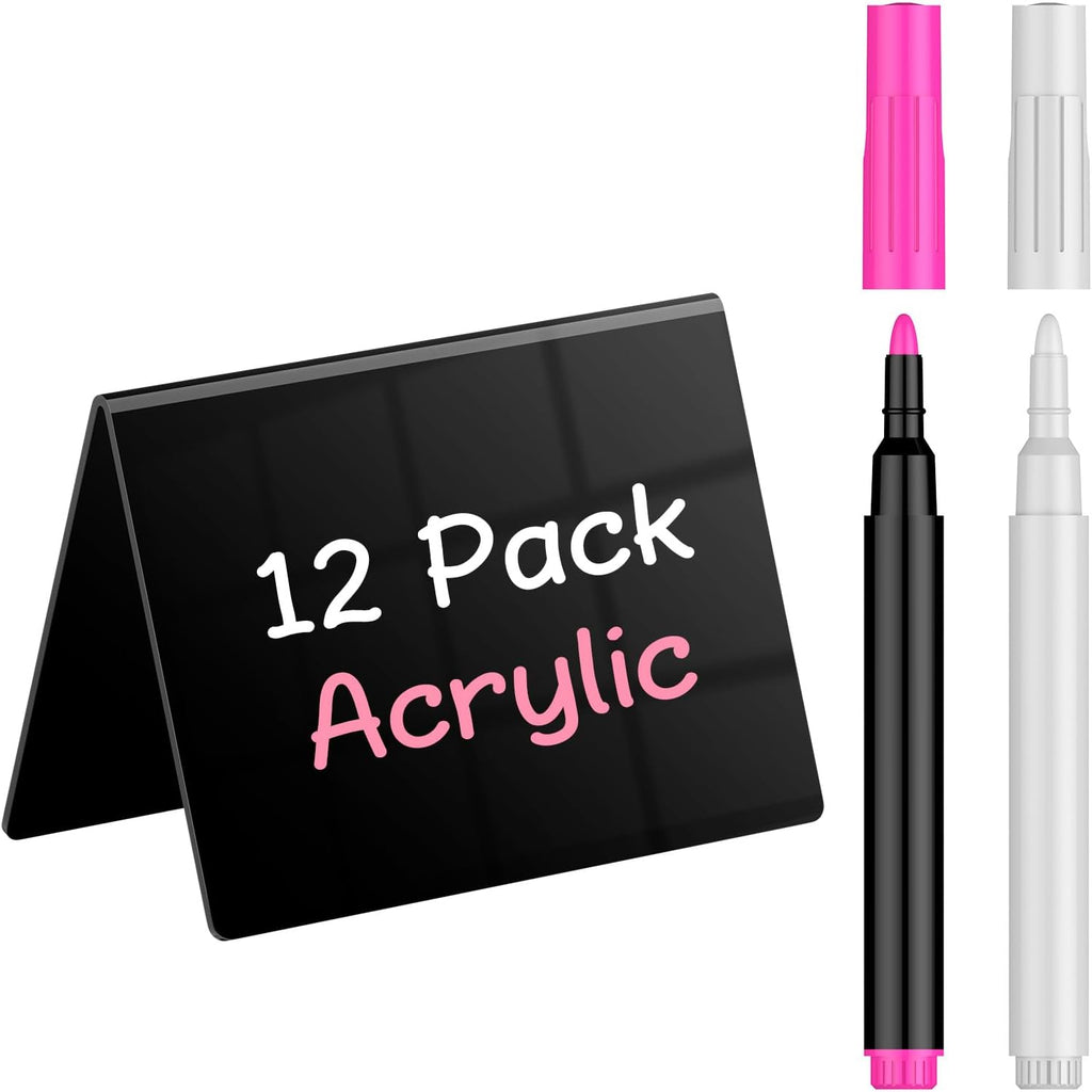 Uniclife 12 Pack Acrylic Mini Chalkboard Signs for Food, Small Chalkboard Signs with Chalk Markers, Reusable Glossy Food Signs Food Labels for Party Buffet Wedding, Blackboard Place Cards Table Signs