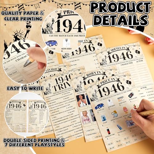 70Pcs 80th Birthday Party Games Born In 1946 Fun 1946 Trivia Music Slang Books Game Double-Sided Game Cards Vintage 80th Birthday Party Supplies for 80 Year Old Activity Anniversary Class Reunion