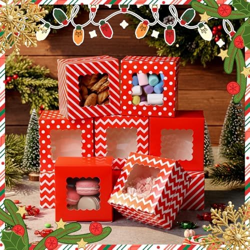 24 Pcs Christmas Bakery Boxes with Window, Red White 4x4x2.5 In