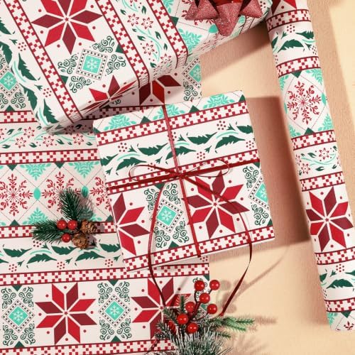 LaRibbons Vintage Kraft Christmas Wrapping Paper Fair Isle 17 In x 33 Ft