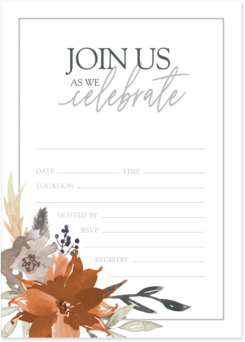 Canopy Street Indie Autumn Floral Fill In Invitations / 25 Fall Invites With White Envelopes / 5" x 7" Boho Gray And Orange Autumn Bridal Shower Invitation/Made In The USA