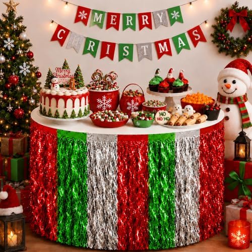 Christmas Decorations - 2 Pack Red Green White Wavy Foil Table Skirts