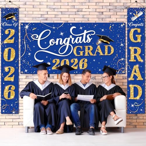 Class of 2026 Graduation Decorations, 3 Pcs Blue Gold Congrats Grad Banner and Backdrop Set with 1 Photo Backdrop and 2 Hanging Banners for Indoor Outdoor Party Decor