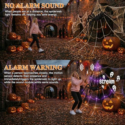 [Motion Activated Lighting&Speaking] 5Ft Giant Spider 20 * 17FT Halloween Spider Web 150 Led Purple&Orange Lights Light Up Lighted Waterproof with 200sqft Cobweb for Outdoor Decor Yard Decoration