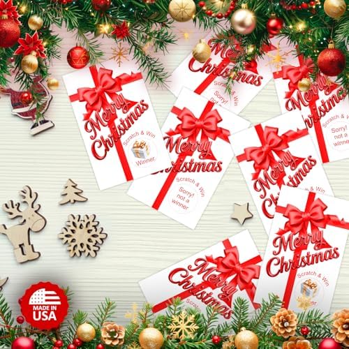 RokAPary Gift Box Merry Christmas Game Scratch Off, Red Bow, Scratch & Win, Easy to Play Silly Games, Fun Idea, Ice Breaker Activity. DIY Raffle Cards, Set of 40 Cards Made in USA