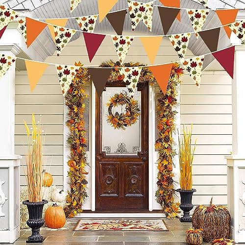 31Ft Fall Party Decorations Orange Brown Fall Maple Leaves Banner Fabric Triangle Flag Pennant Garland Streamers for Happy Fall Thanksgiving Day Harvest Autumn Birthday Outdoor Garden Hanging Decor