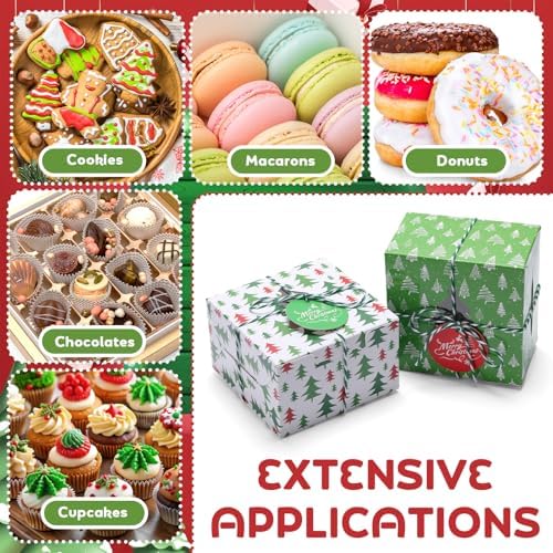 Glenmal 200 Set Christmas Bakery Cookie Boxes Cupcake Containers with Christmas Tree Window Xmas Day Cupcake Candy Goody Treat Gift Boxes with Cotton Rope Label for Xmas Party Favors Supplies