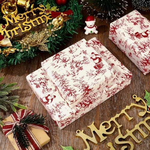 JarThenaAMCS 60 Sheets Toile Vintage Christmas Tissue Paper Red Xmas Tree Santa Claus Wrapping Paper for Winter Home Party DIY Crafts Supplies, 14 x 20 Inch