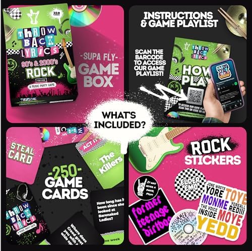 Throwback Lyrics - 90s & 2000s Rock Music Trivia Card Game | 250 Cards, Playlist Included, Finish the Lyrics, Charades + Steal Cards | Emo, Punk & Alternative Adult Party Game for Game Night & Gifts