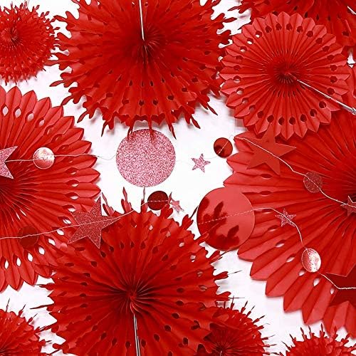 Decor365 Red Party Decorations Chinese New Year Tissue Pompom Paper Fan Hanging Decor Birthday Party Garland Glitter Circle Dots Garland Steamer Banner Backdrop for Girls Wedding Valentines Day