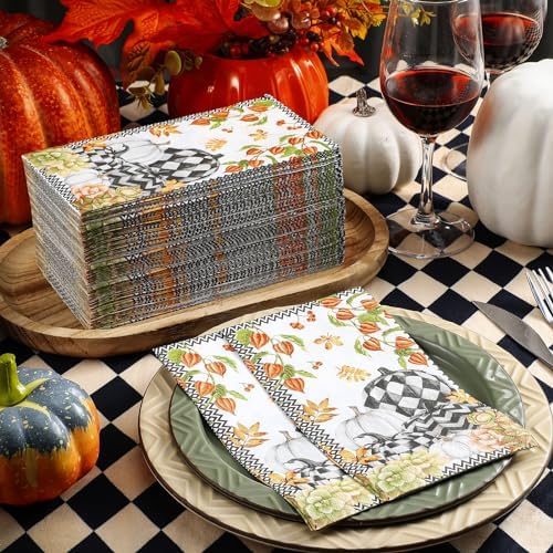 Seajan 200 Pcs Fall Plaid Pumpkin Disposable Hand Towels for Bathroom