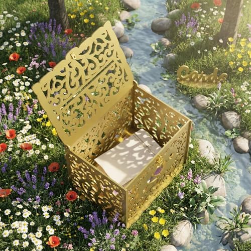 Jolik Wedding Card Box With Sign, Large DIY Locking Money Box Holder for Wedding Reception, Gift Card & Envelope Storage, Anniversary & Birthday Party Decoration, Bridal Party Box (Gold)