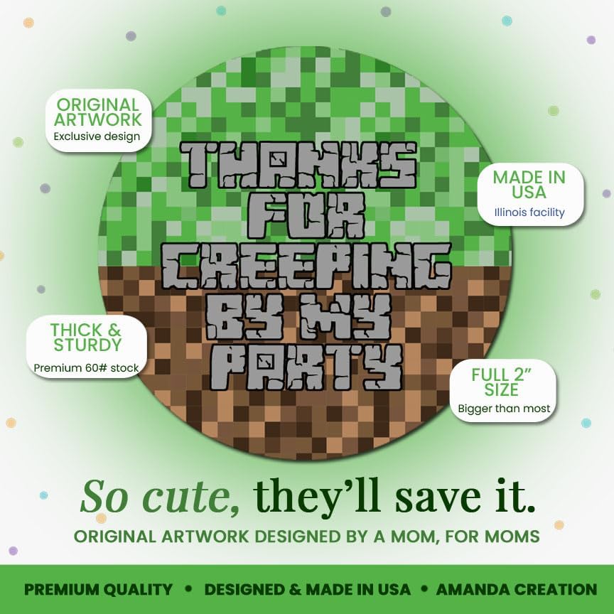 Thank You Stickers for Party Favors, 40 Pack 2 Inch Creepy Pixel Miner Birthday Labels for Boys and Girls, Goodie Bag Seals Made in the USA by Amanda Creation
