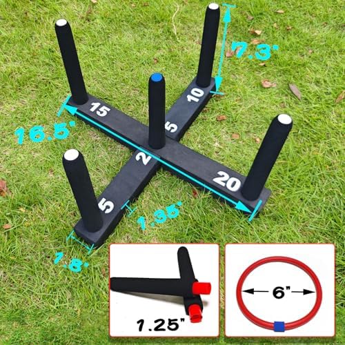 Ring Toss Game Indoor & Outdoor Game for Family and Adults with 5 Poles, 2 Bases and 16 Rings in 4 Colors, Soft Foam Toy Backyard Ring Toss Fun