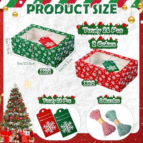 Glenmal 24 Pcs Christmas Cookie Boxes & Window, Snowflakes Pattern 9x6x3 in