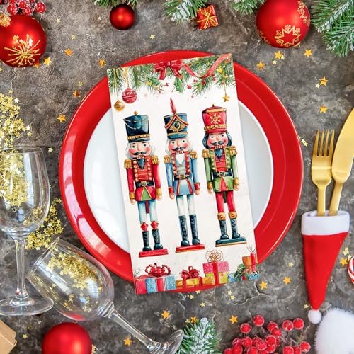 Whaline 50Pcs Christmas Guest Napkins Disposable Napkin Watercolor Nutcracker Pine Branch Dinner Hand Paper Napkins for Xmas Winter Holiday Party Tableware Supplies