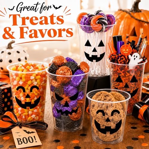 Halloween Plastic Cups,100 Pcs 12 oz Disposable Pumpkin Cups, 4 Designs