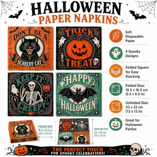 50Pcs Vintage Halloween Paper Napkins - 4 Designs 2-Ply, 6.5 × 6.5 inchs