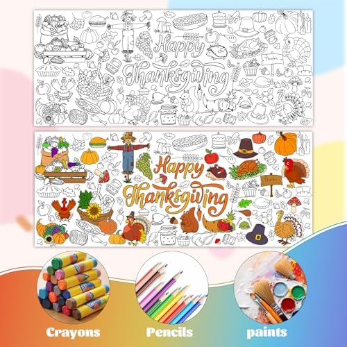 Thanksgiving Coloring Tablecloth 31×72 in, Large Paper Table Cover with Pumpkins, Turkeys, Scarecrow and Harvest Designs, Holiday Party Coloring Poster for Activity Arts and Crafts