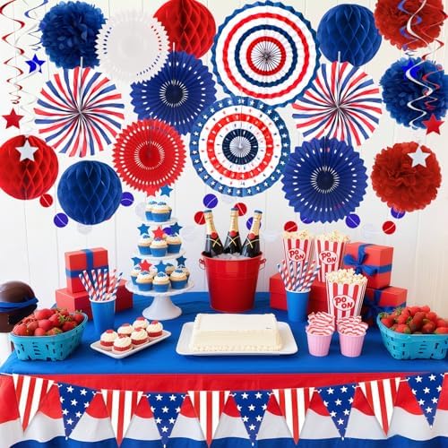 24 Pcs Patriotic 4th of July Decorations Kit, Paper Fans Pom Poms 8-16 in