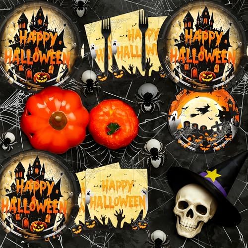 75 Pieces Halloween Paper Plates and Napkins Set - Halloween Party Supplies Tableware Plates, Napkins Baby Shower Scary Moon Night Birthday Decorations Serve 25 (Orange)