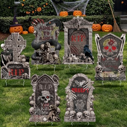 6Pcs 26" Large Halloween Tombstone Yard Signs, Outdoor Gravestone Decor for Graveyard with Stakes, Scary Cemetery Lawn Garden Decorations for Party