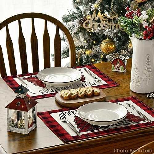 Artoid Mode Red and Black Buffalo Plaid Christmas Trees Placemats Set of 12, 12x18 Inch Winter Table Mats for Outdoor Home Party Kitchen Dining Decor
