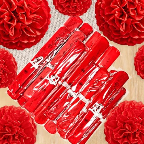 Recosis Red Party Decorations, 18 Pcs Paper Pom Poms Decorations