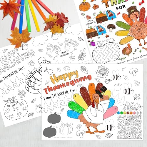 LINAYE 21PCS Thanksgiving Coloring Placemats, Thanksgiving Crafts Activities for Kids Paper Placemats Dinner Table Mats Disposable to Color for Kids