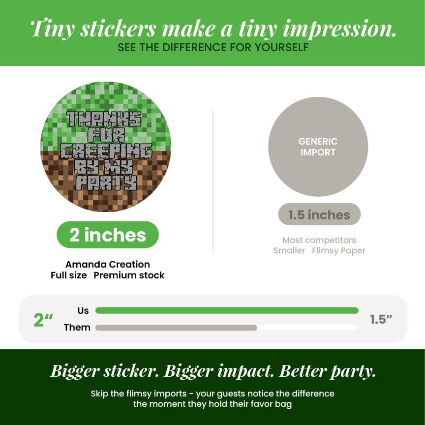 Thank You Stickers for Party Favors, 40 Pack 2 Inch Creepy Pixel Miner Birthday Labels for Boys and Girls, Goodie Bag Seals Made in the USA by Amanda Creation