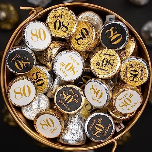 Happy 80th Birthday Kisses Stickers, (Set of 324) Chocolate Drops Labels for 80 Birthday, Party Favors Decor for Kisses. Made in USA, 9 Designs (36 Stickers of Each)