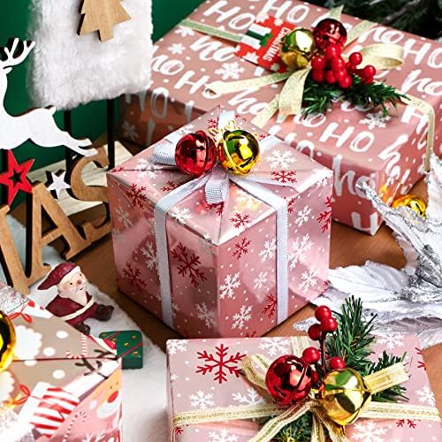 WRAPAHOLIC 30 Inch Christmas Wrapping Paper Roll - Jumbo Roll Rose Gold Santa, Snowflakes and Reindeer Holiday Collection with Metallic Foil Shine - 4 Rolls - 30 Inch x 120 Inch Per Roll